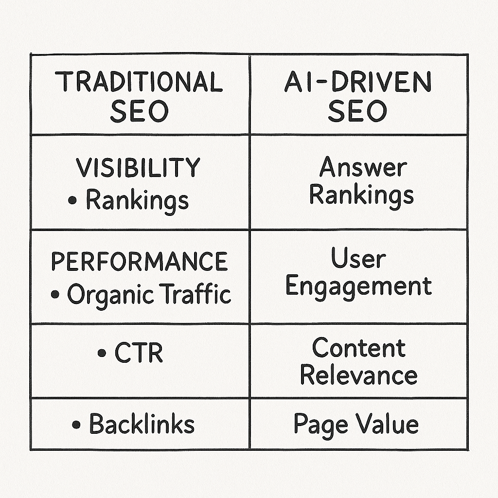 Comparison table of traditional SEO metrics and AI-driven SEO metrics