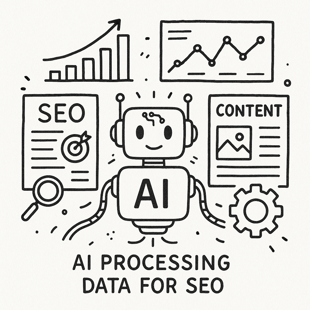 Illustration of AI processing data for SEO with digital analytics and content optimization visuals.