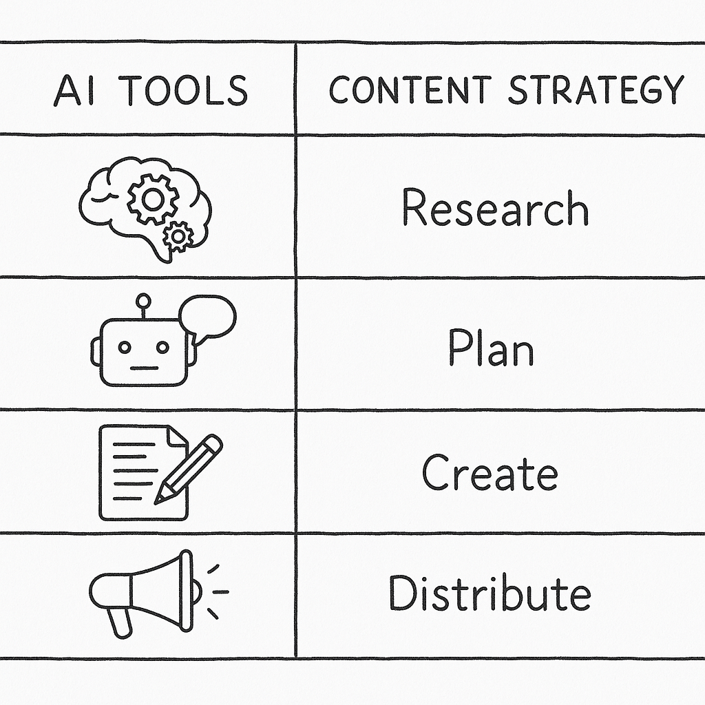Summary table of AI tools and content strategy steps
