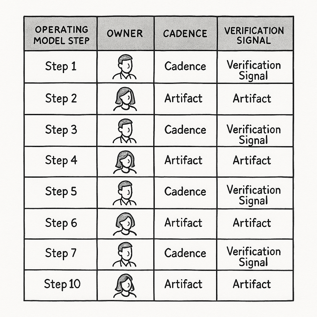 Summary matrix of AI visibility operating model steps with owners, cadence, and verification signals