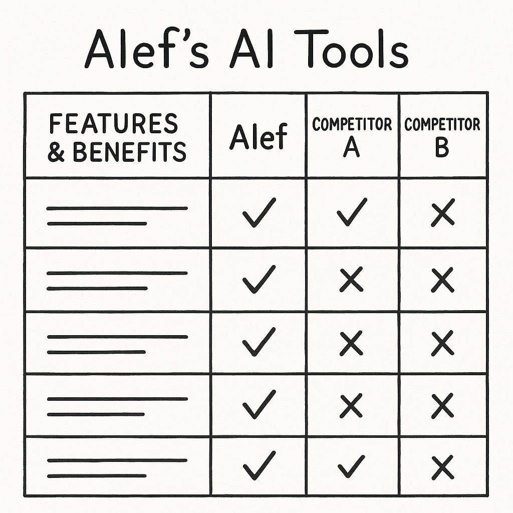 Comparison chart of Alef's AI tools versus competitors