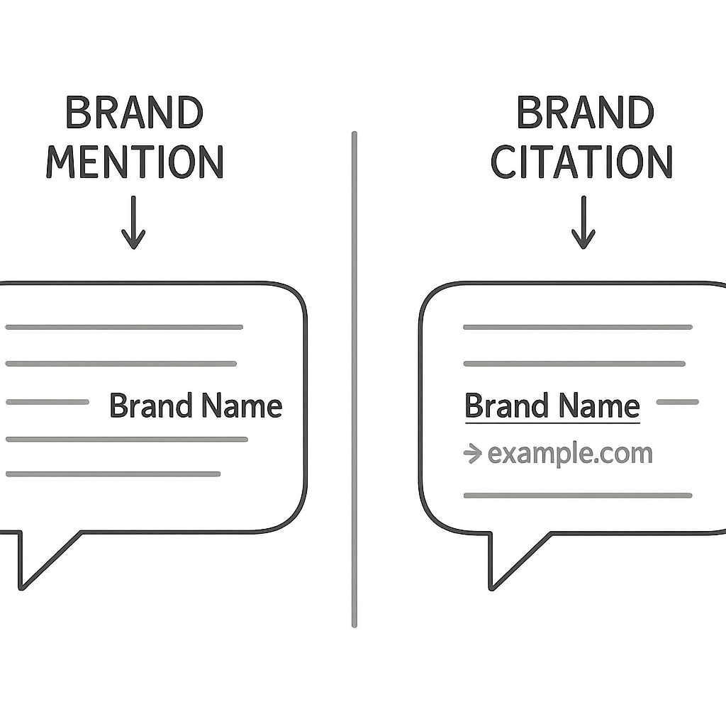 Diagram comparing a brand mention versus a brand citation in an AI-generated answer for AI visibility reporting