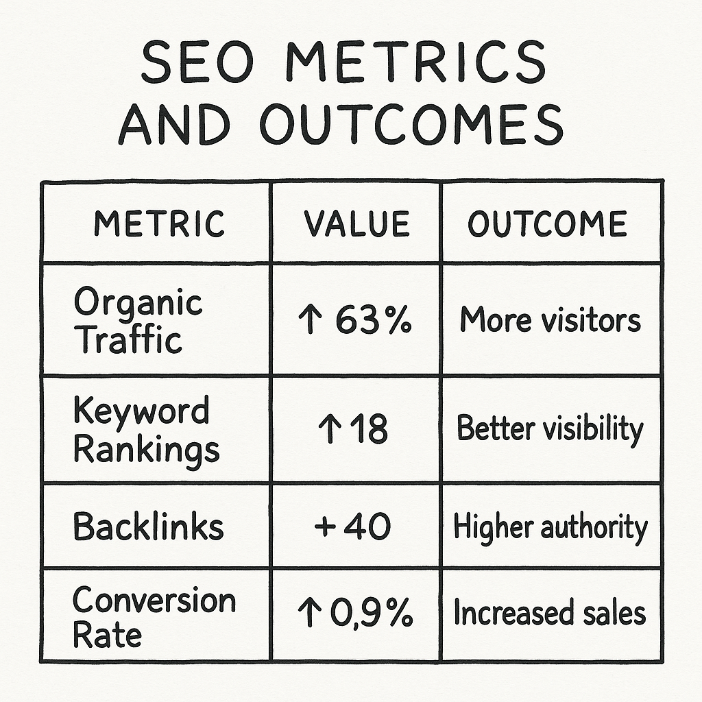 Summary table of SEO metrics and outcomes