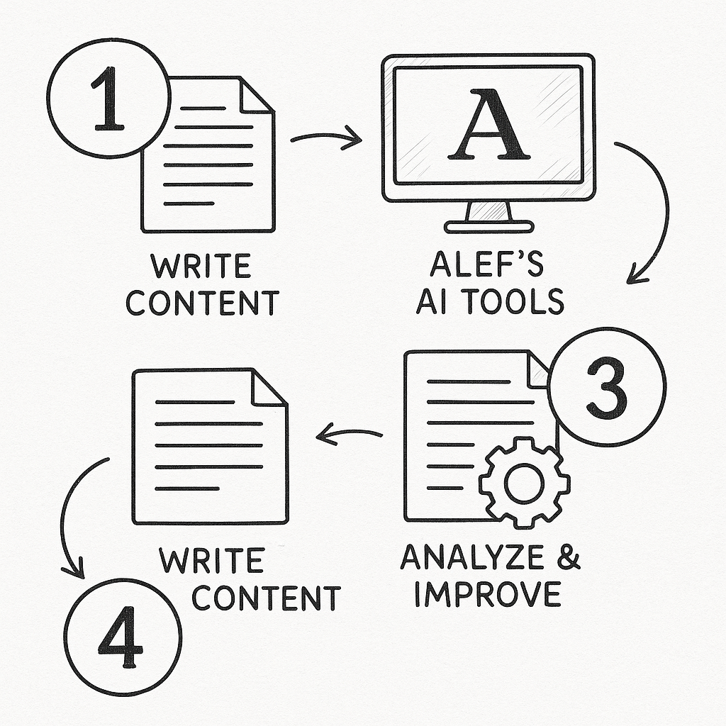 Infographic of content optimization steps with Alef's AI tools