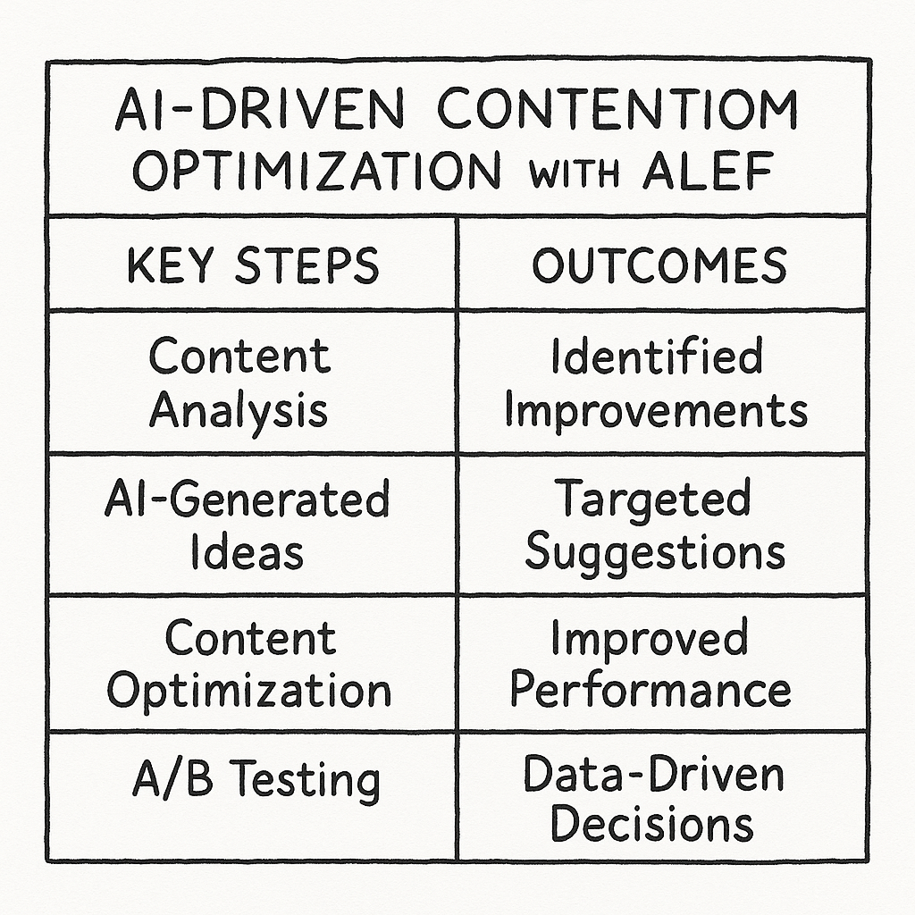 Summary table of AI-driven content optimization steps with Alef