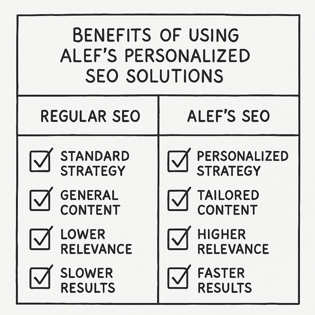 Comparison chart of benefits from Alef's personalized SEO solutions.
