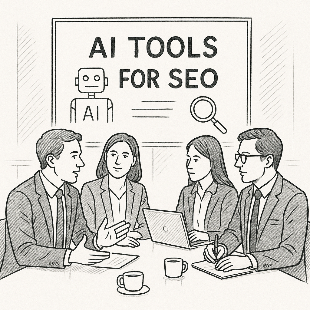 Business meeting discussing AI tools for SEO