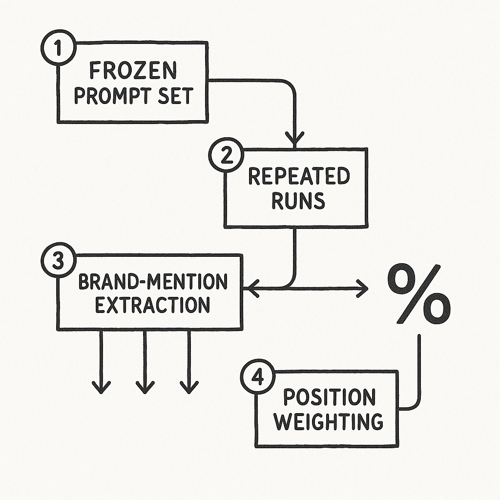 Diagram of the twelve-step process for calculating AI share of voice from prompt set to weighted percentage