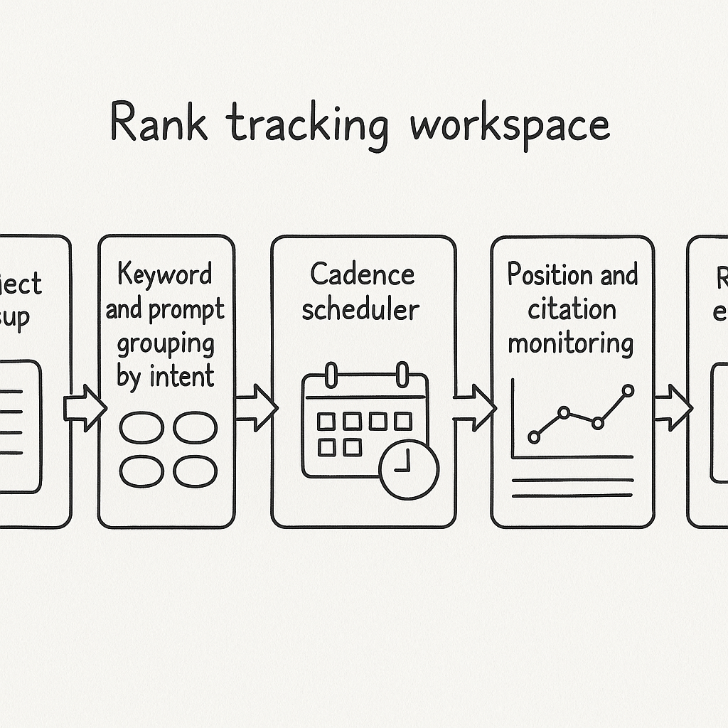 Five-step flow of setting up an Alef rank tracking workspace from project setup to client-ready report export