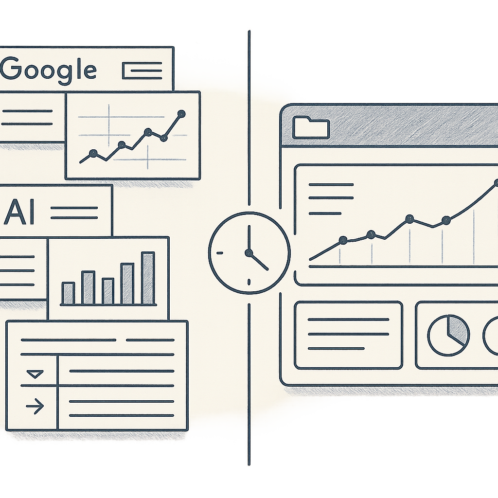 Comparison of two fragmented rank tracking dashboards versus one unified Alef workspace for agencies