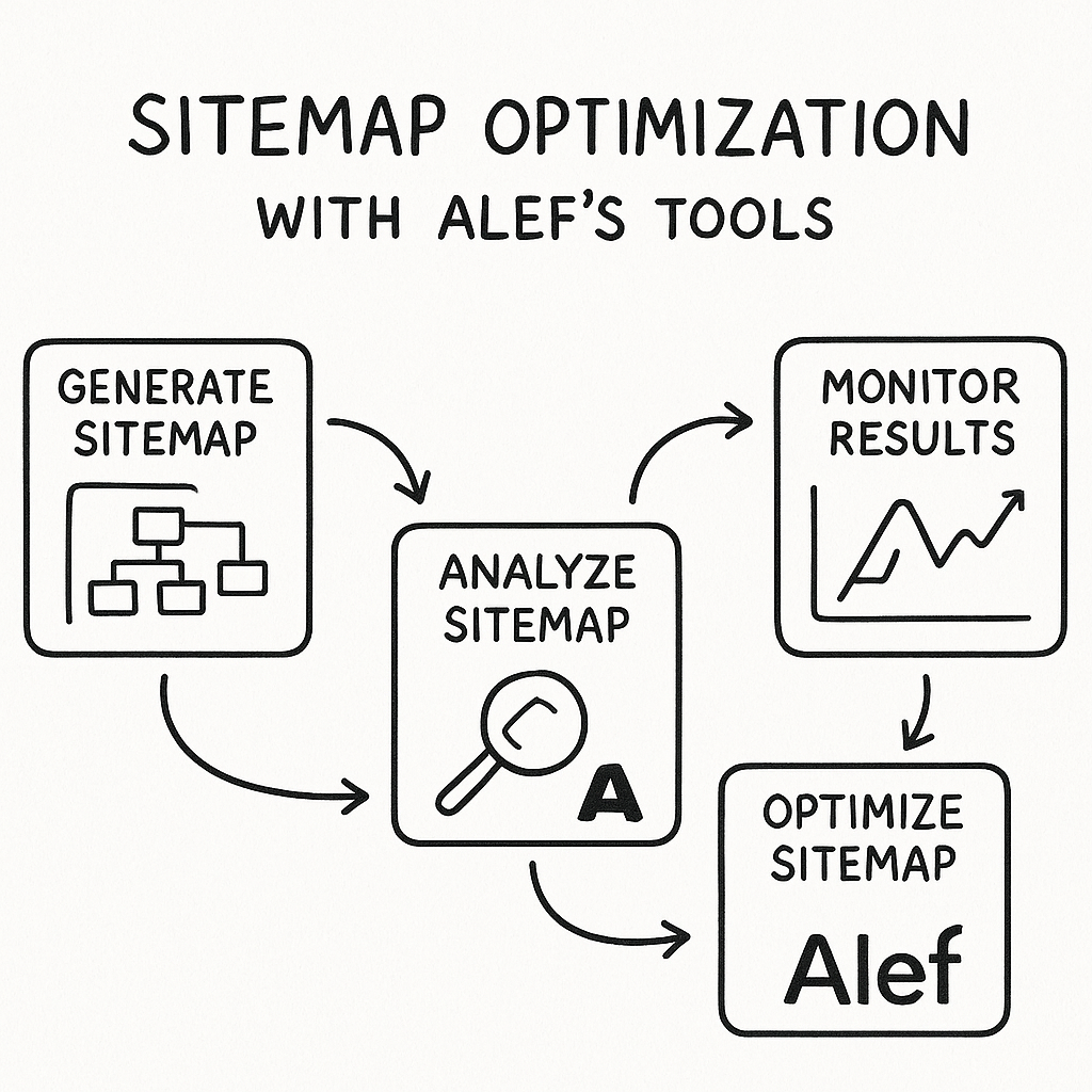 Diagram of sitemap optimization steps using Alef's tools.