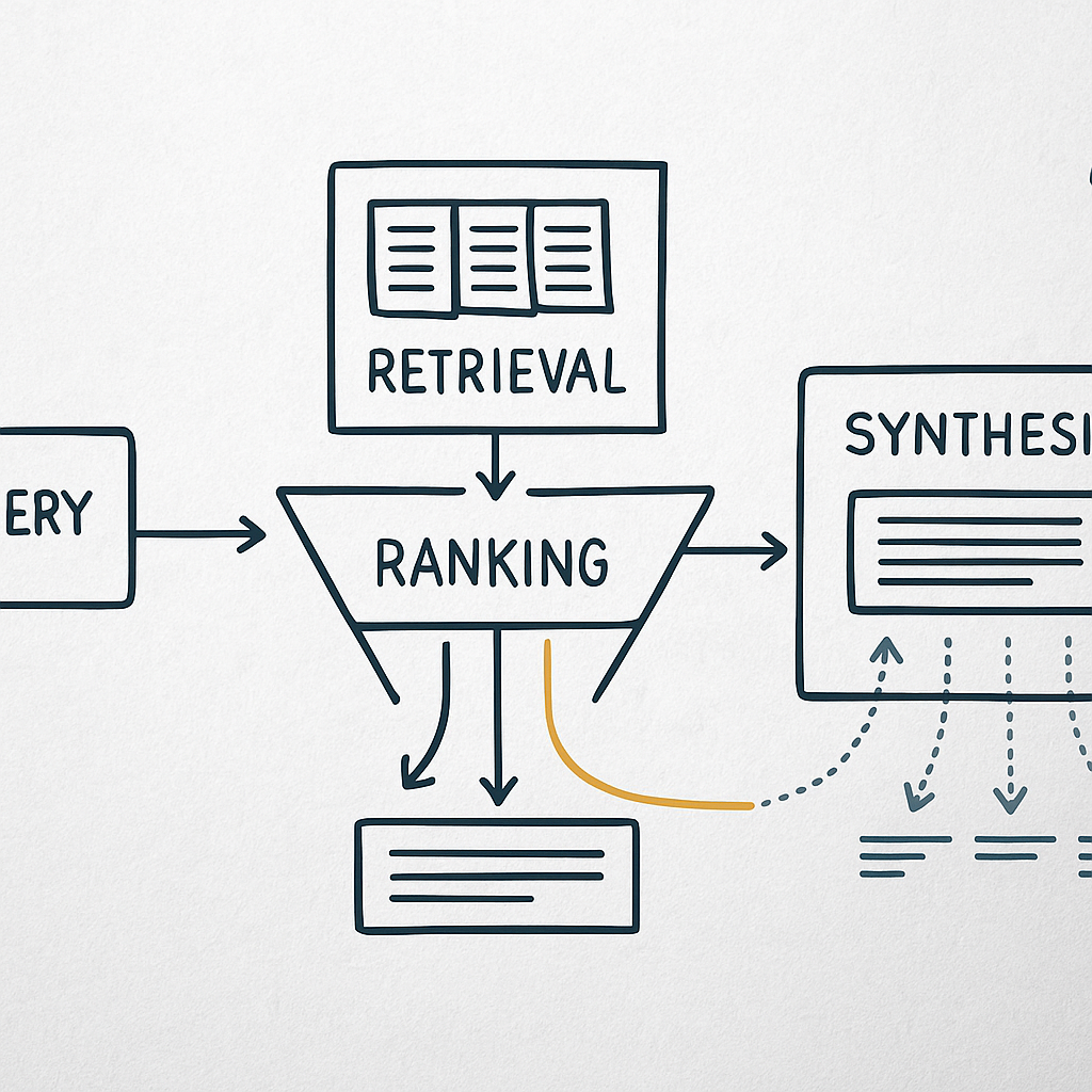 Diagram of how AI answer engines synthesize answers and drop source links during retrieval-augmented generation