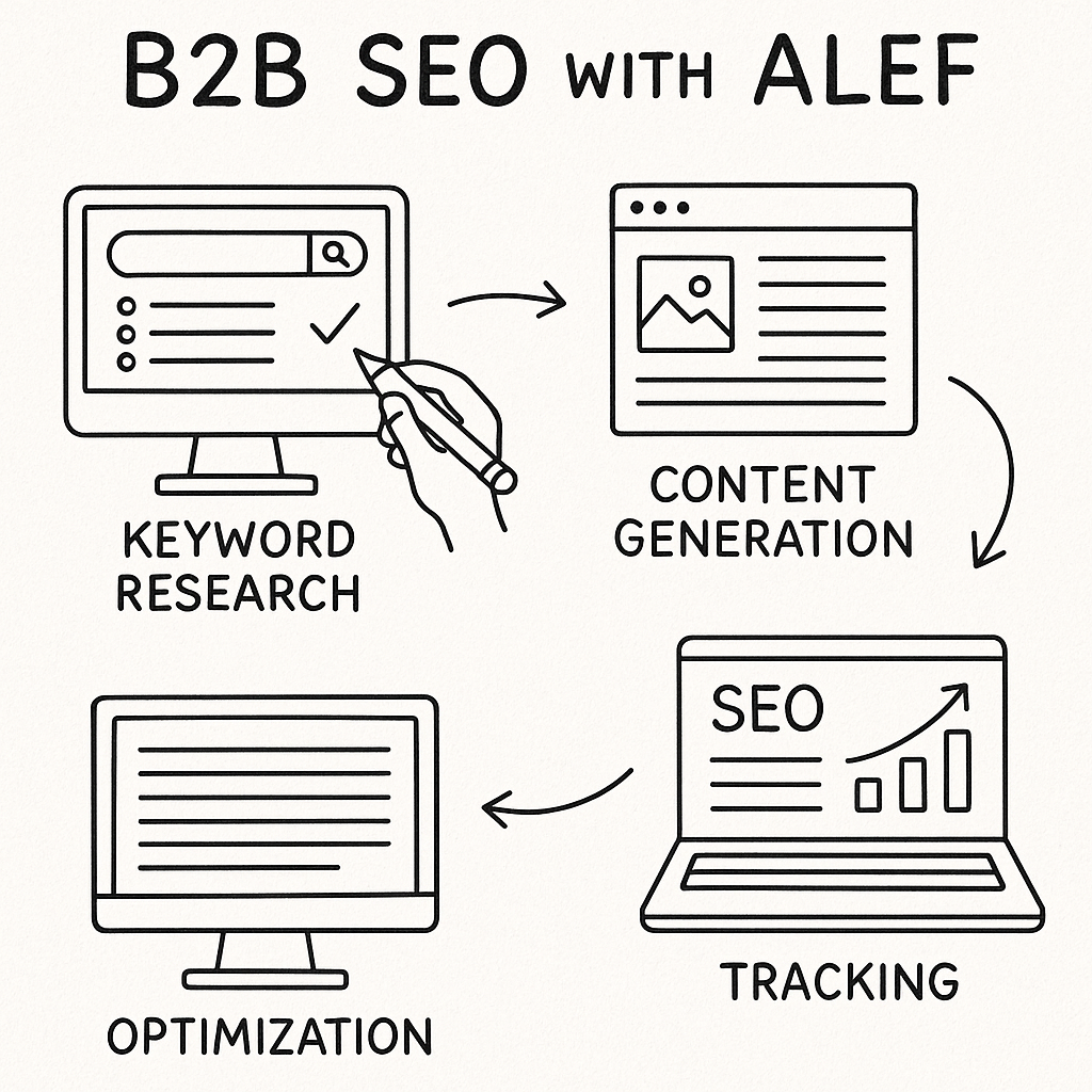 Visual guide of Alef's platform features for B2B SEO