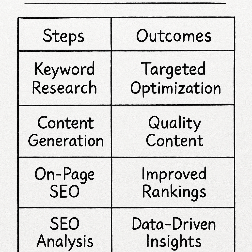 Summary table of AI-driven SEO steps and outcomes