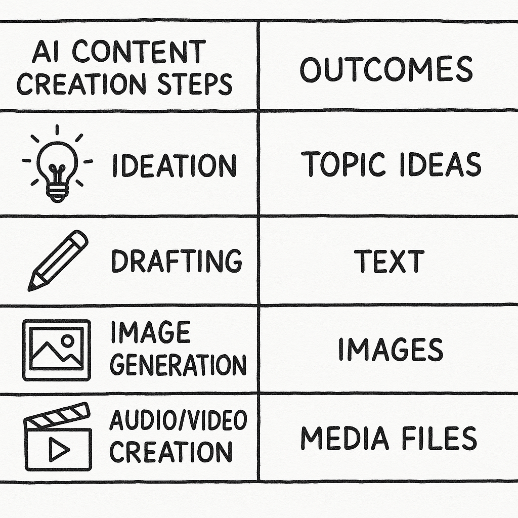 Summary table of AI content creation steps